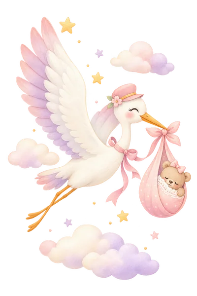 Ilustração de uma cegonha trazendo um bebê