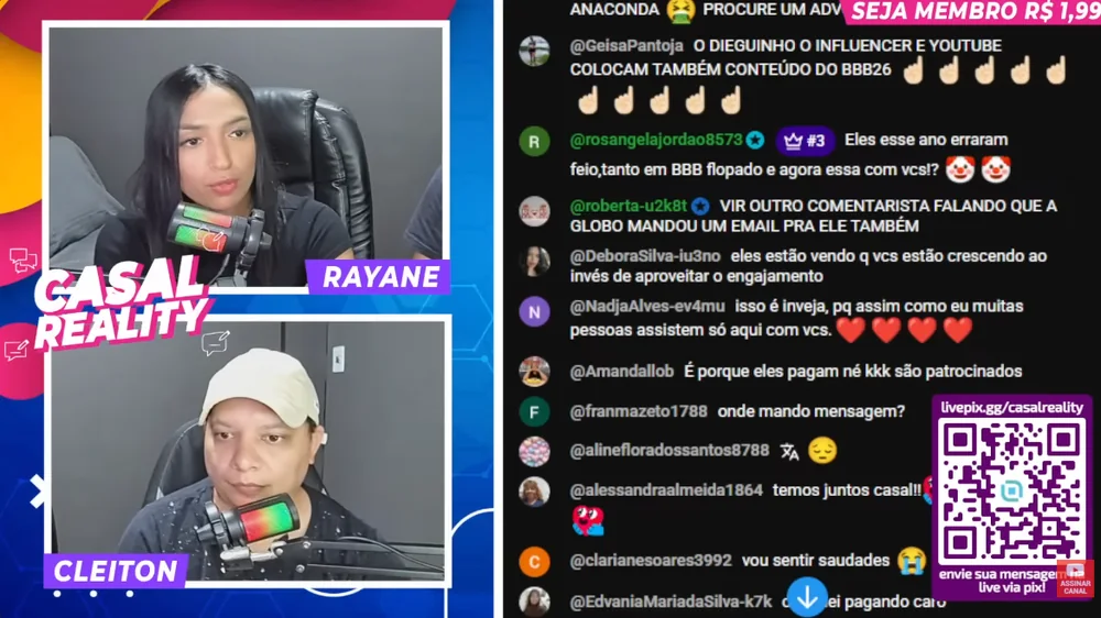 Interação da comunidade durante uma live do CASAL REALITY